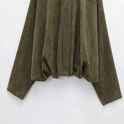 OliveStrut Jacket: Soft faux suede jacket with bold shoulders and relaxed charm.