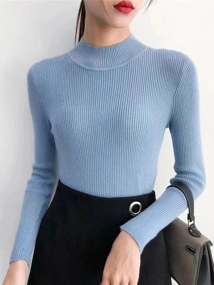 KnitAura Sweater: Slim mock neck knit with vintage charm and cozy elegance.