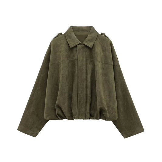 OliveStrut Jacket: Soft faux suede jacket with bold shoulders and relaxed charm.