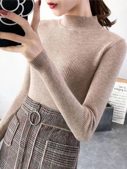 KnitAura Sweater: Slim mock neck knit with vintage charm and cozy elegance.