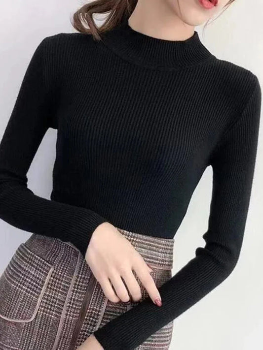 KnitAura Sweater: Slim mock neck knit with vintage charm and cozy elegance.