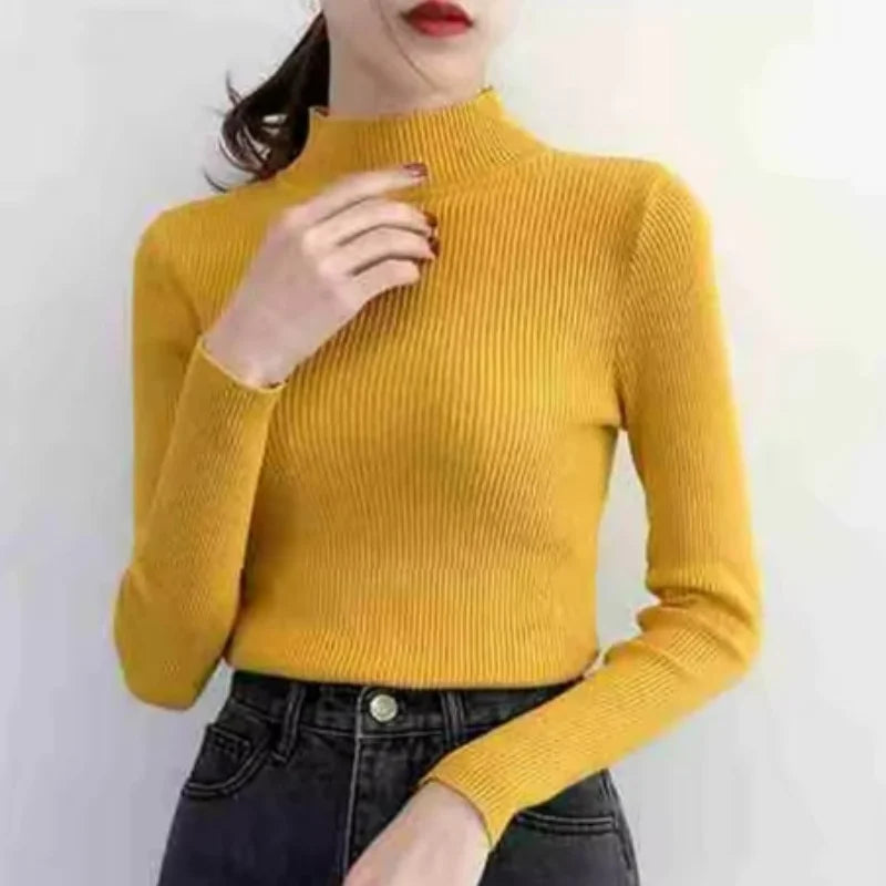 KnitAura Sweater: Slim mock neck knit with vintage charm and cozy elegance.