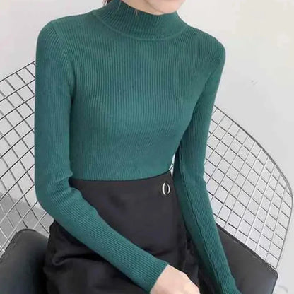 KnitAura Sweater: Slim mock neck knit with vintage charm and cozy elegance.