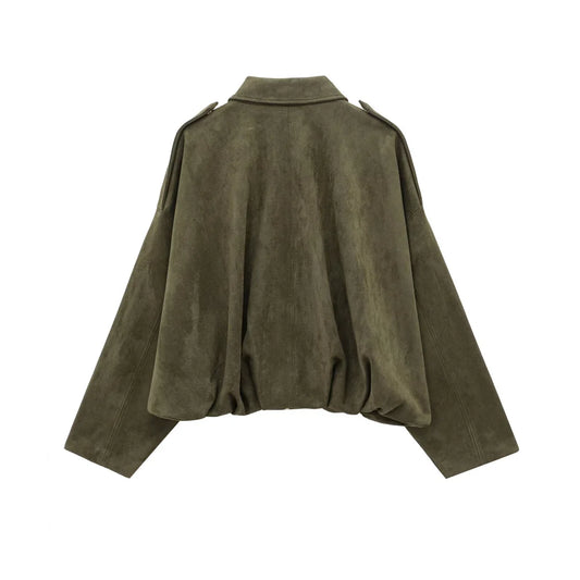OliveStrut Jacket: Soft faux suede jacket with bold shoulders and relaxed charm.